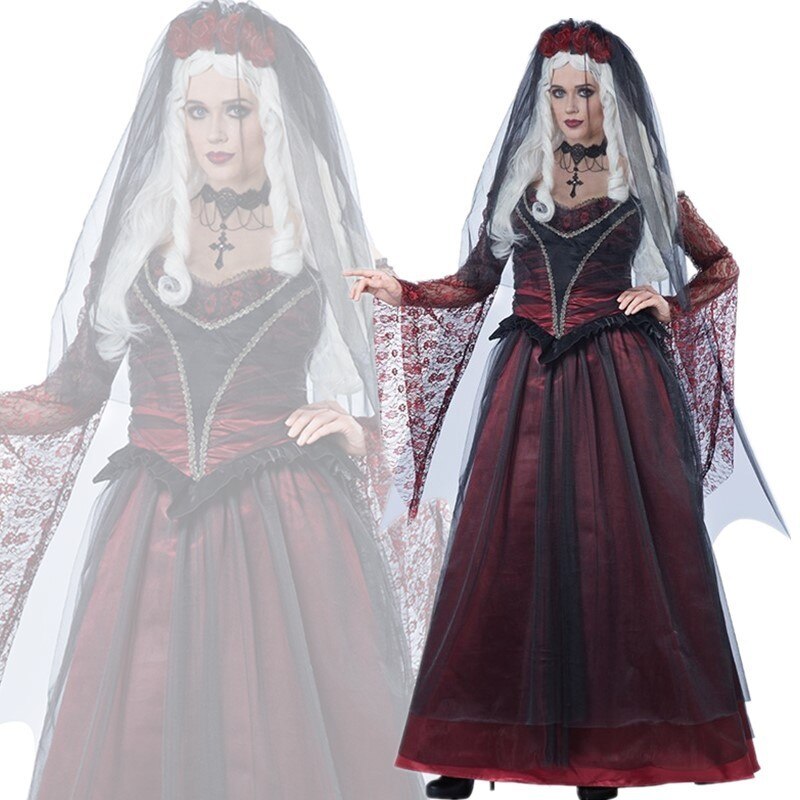 Halloween Purim Queen Vampire Cosplay Costume For Women Carnival Party Long Sleeve Ghost Bride Witch Maxi Dresses