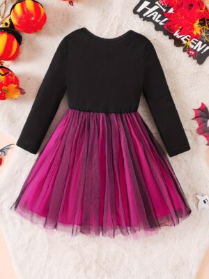 Girls Halloween Princess Dress With Cartoon Skeleton Print For Winterfall Parties - 2