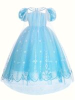 Girls Sequin Party Dress Blue Mesh Skirt Crew Neck Festive Pattern - 7