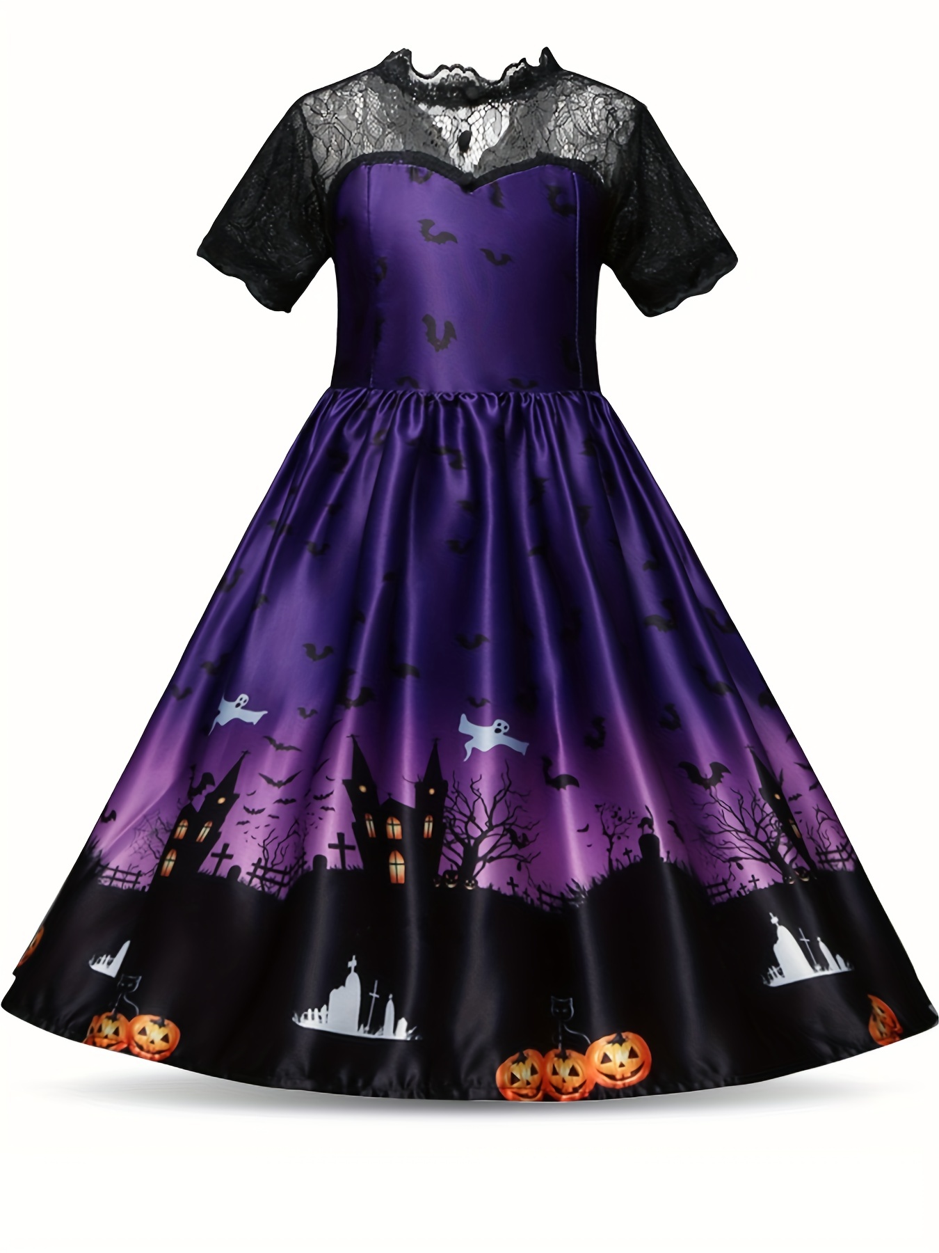 Girls Halloween Aline Dress With Cartoon Characters Lace Sleeves For Parties - 11