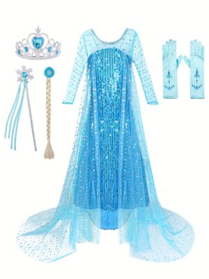 Girls Princess Sequin Dress Set Snow Queen Cosplay Halloween Kids Costume - 2