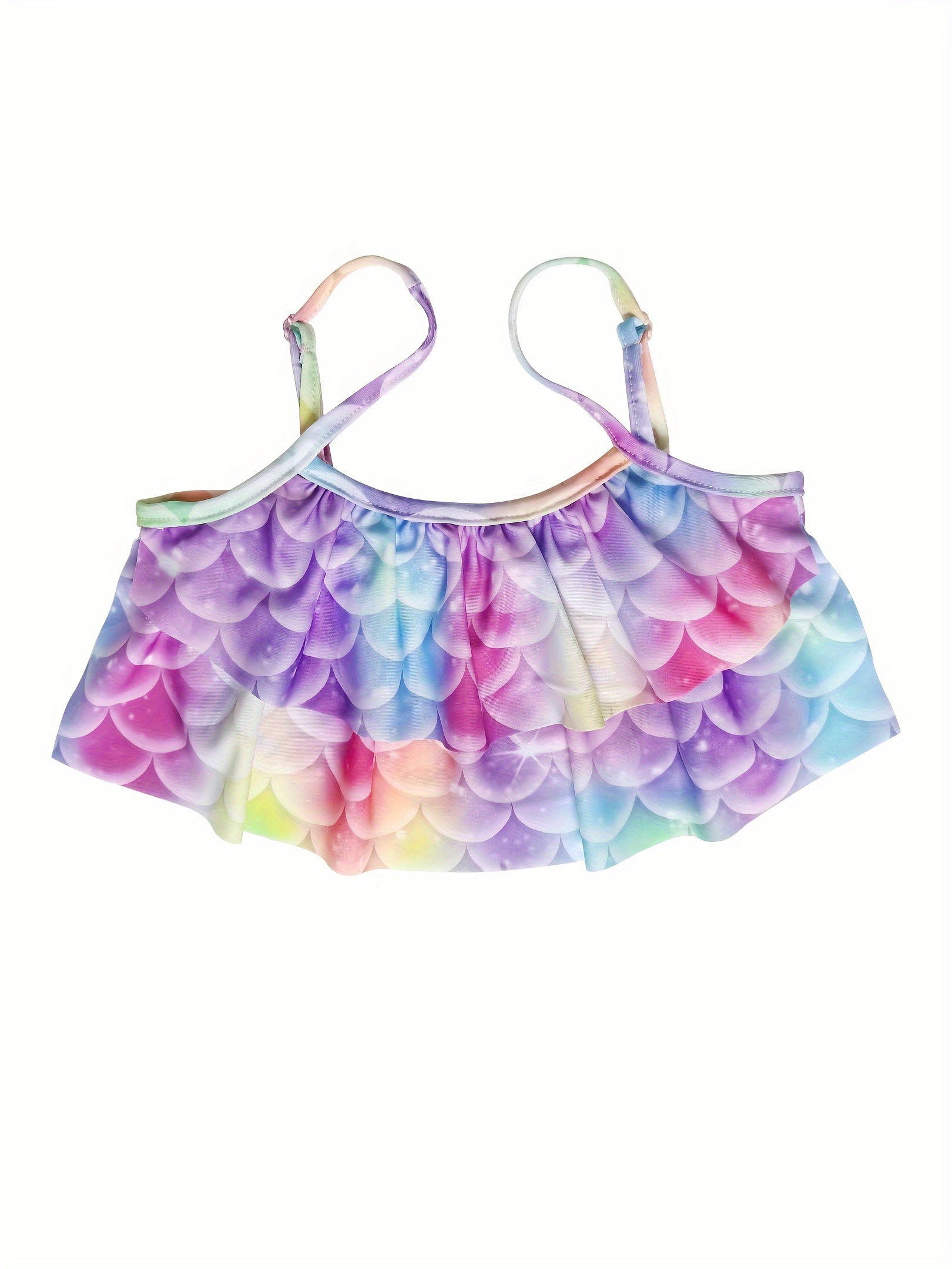 Girls 3pcs Trendy Mermaid Scale Print Summer Tankini Tail Outfit - 14