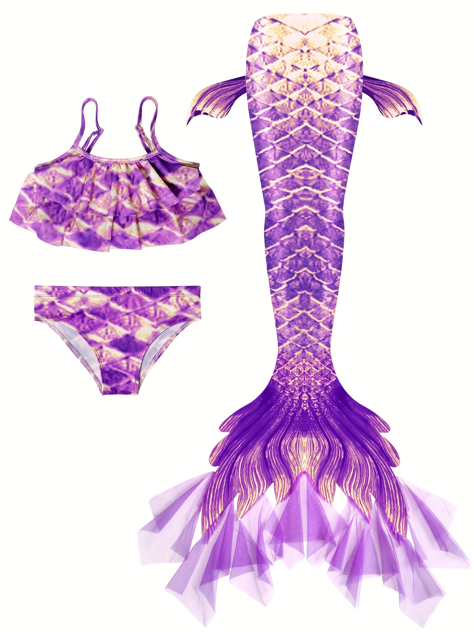 Girls 3pcs Quickdry Mermaid Tail Swimwear Set For Summer Vacation - 12
