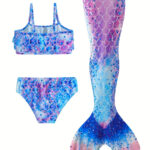 Girls 3pcs Mermaid Swim Outfit Stylish Cami Top Shorts Pool Party Dress