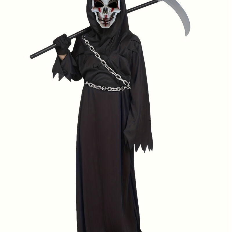 Boys Grim Reaper Halloween Costume Set Black Cloak Skull Mask Ghost Sickle