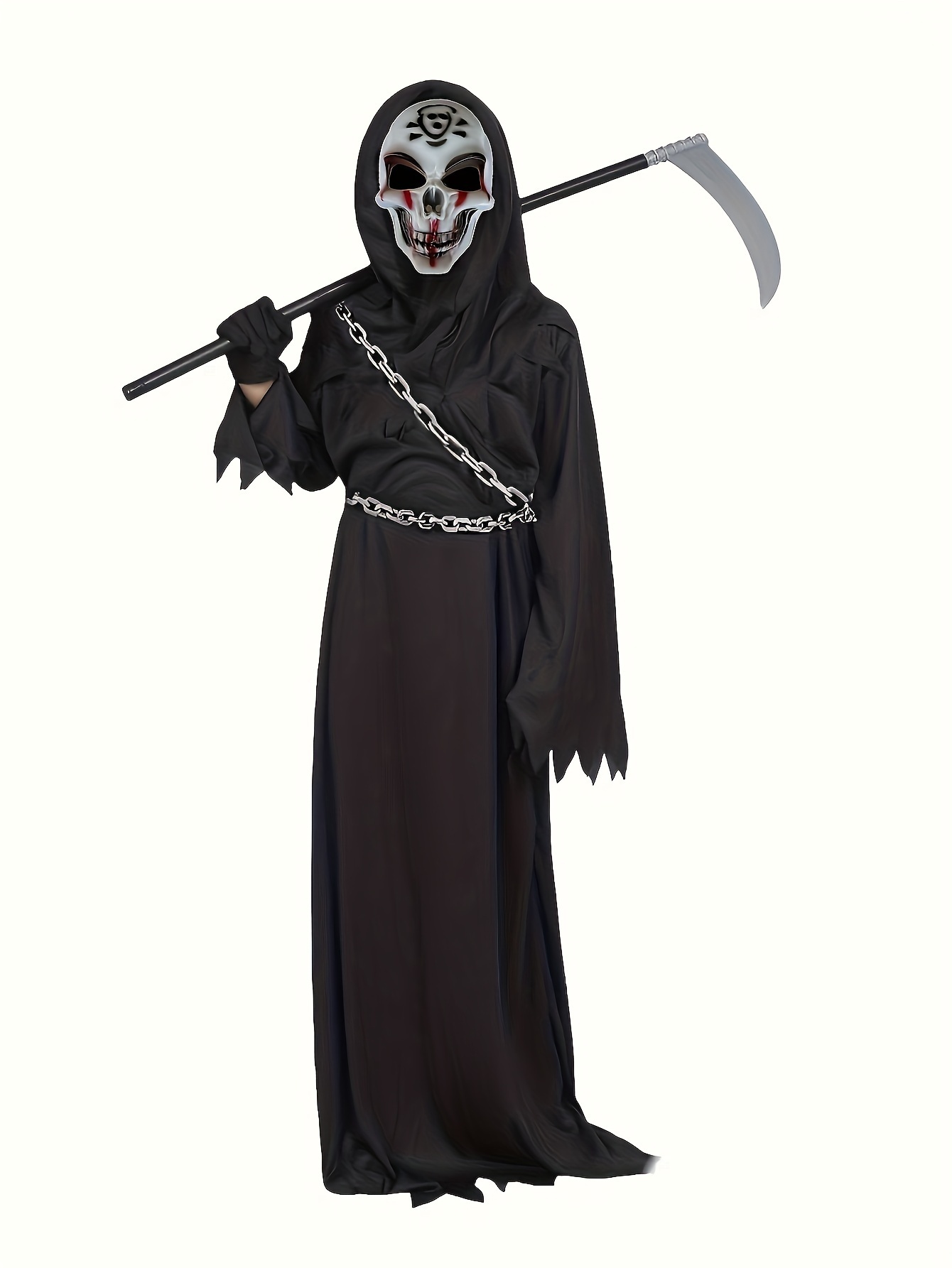 Boys Grim Reaper Halloween Costume Set Black Cloak Skull Mask Ghost Sickle - 10