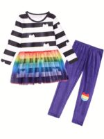 2pcs Rainbow Stripe Cat Print Girls Mesh Top Leggings Set - 3