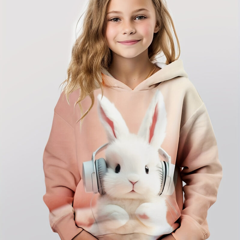 Girls 3d Bunny Print Hoodie Comfy Springfall Pullover Ideal Easter Gift