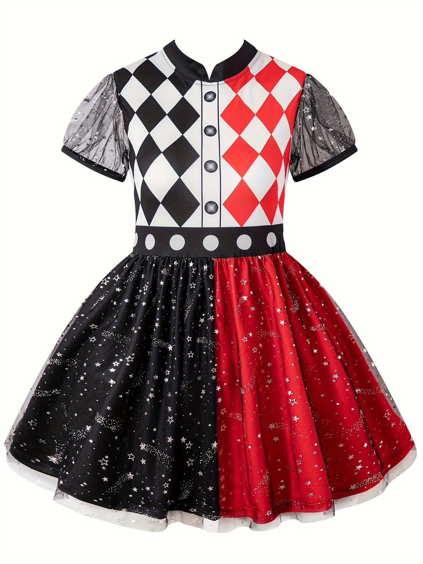 Girls Colorful Clown Costume Geometric Pattern Tutu Dress For Halloween Stage - 3
