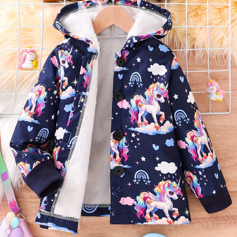 Girls Fleecelined Unicorn Print Hooded Winter Coat With Buttons