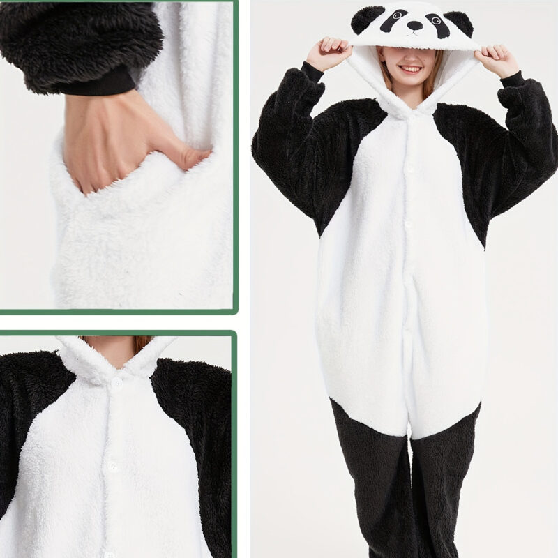 Womens Panda Hooded Plush Pajamas Jumpsuit Long Sleeve Sleepwear Holiday Onesie