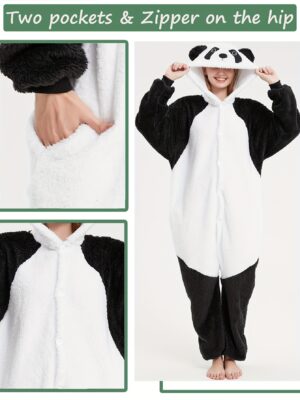 Womens Panda Hooded Plush Pajamas Jumpsuit Long Sleeve Sleepwear Holiday Onesie - 2