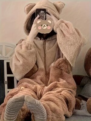 Cute Womens Bear Cartoon Hooded Fuzzy Jumpsuit Winter And Halloween Sleepwear - 2