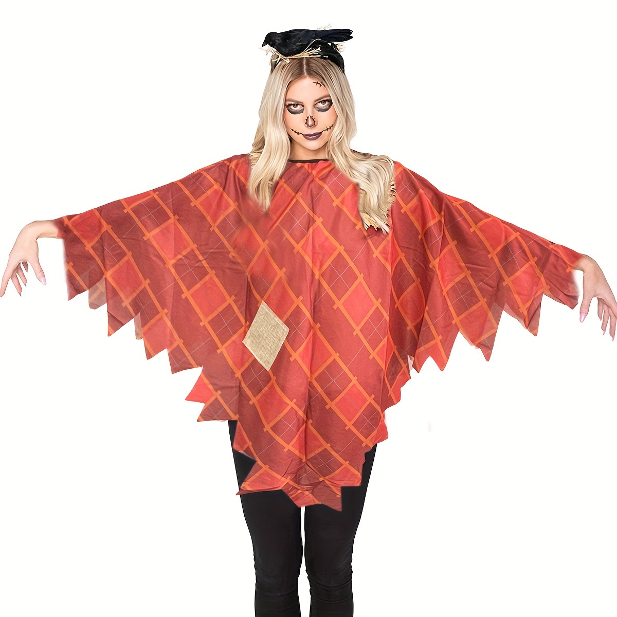 Red Plaid Halloween Witch Wizard Costume Scarecrow Polyester Cloak - 13