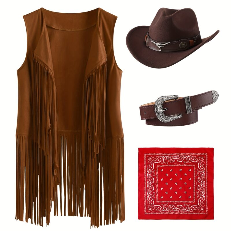 Cowgirl Costume Set With Leather Vest Tassel Top Hat Bandana