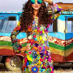 Womens Longsleeve Hippie Dress For Halloween Cosplay Vibrant Machinewashable