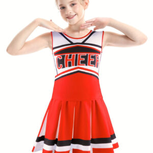2pcs Girls Cheerleader Outfit Sleeveless Print Top Pleated Skirt Set