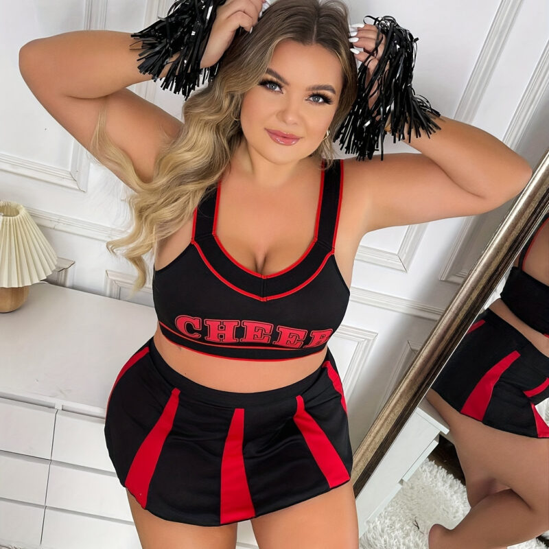 Plus Size Cheerleader Costume Set Black Red Sports Party Uniform