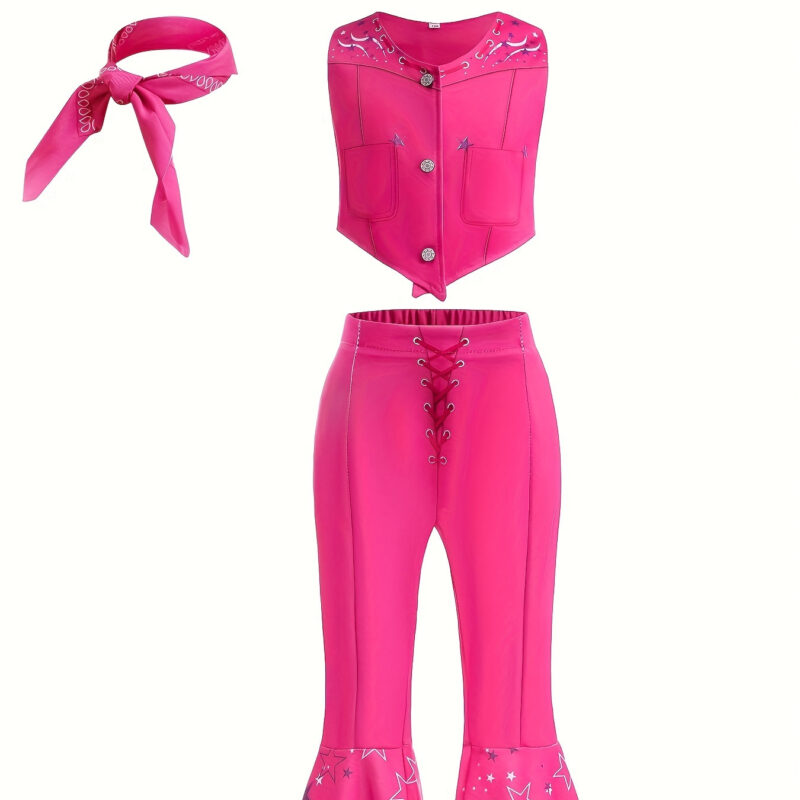 Girls Cowgirl Costume Set Sleeveless Top Flared Pants Scarf For Halloween