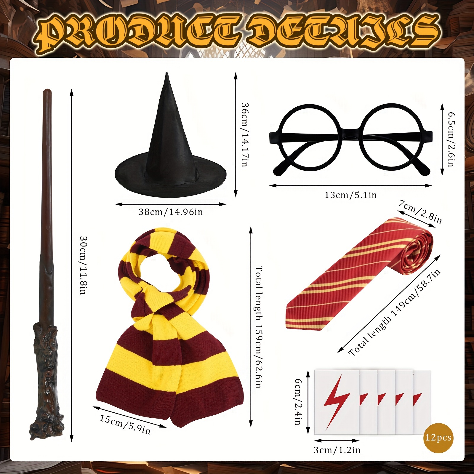 17piece Vintage Wizard Costume Set Hat Wand Necktie Glasses Tattoos - 13