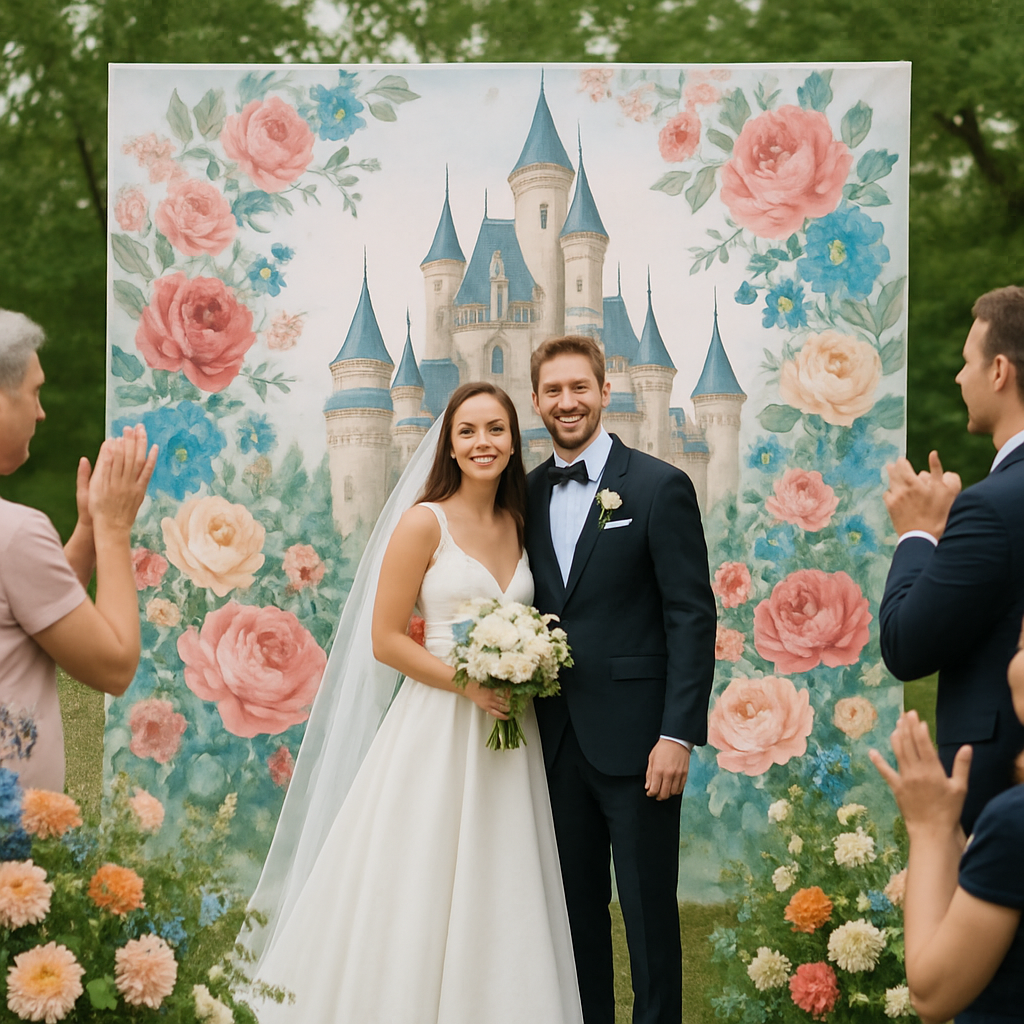 Transform Your Wedding Photography With Customized Vinyl Wedding Backdrops Featuring Castle and Floral Design  