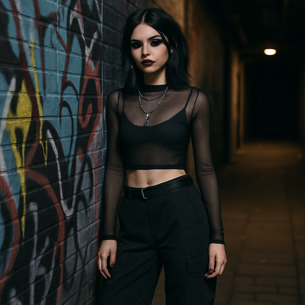 Embrace the Y2K Goth Aesthetic with a Trendy Black Mesh Top for Edgy Women’s Fashion  